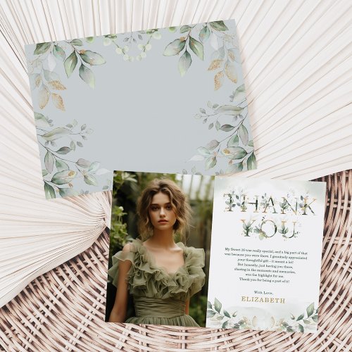 Sage Green 16th Birthday Photo Thank You Card