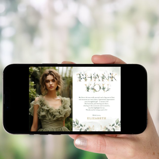 Sage Green 16th Birthday Photo Thank You Card (Front Digital)