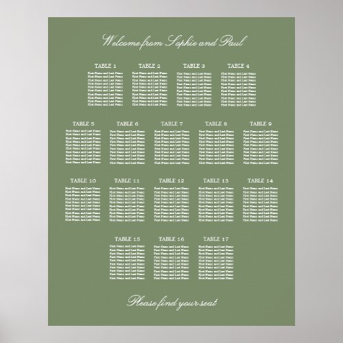 Sage Green 17 Table Wedding Seating Chart Poster