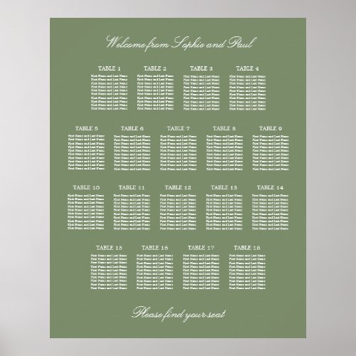 Sage Green 18 Table Wedding Seating Chart Poster