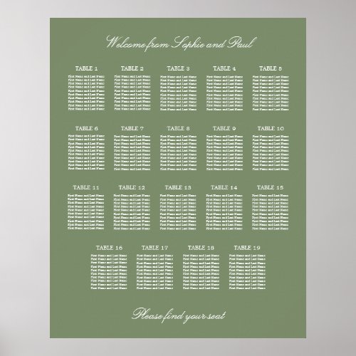 Sage Green 19 Table Wedding Seating Chart Poster