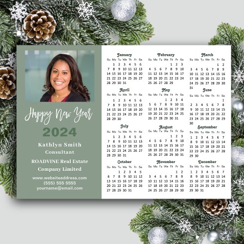 Sage Green 2024 Calendar Business Photo Simple Holiday Card