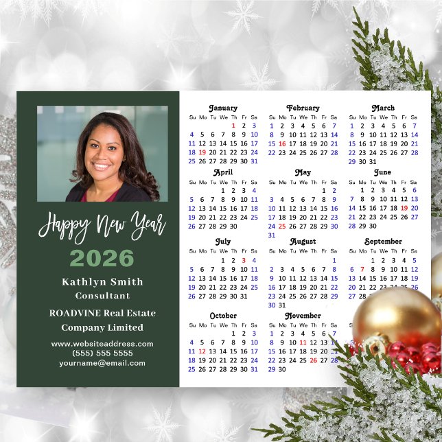 Sage Green 2026 Calendar Business Photo Simple Holiday Card (Creator Uploaded)