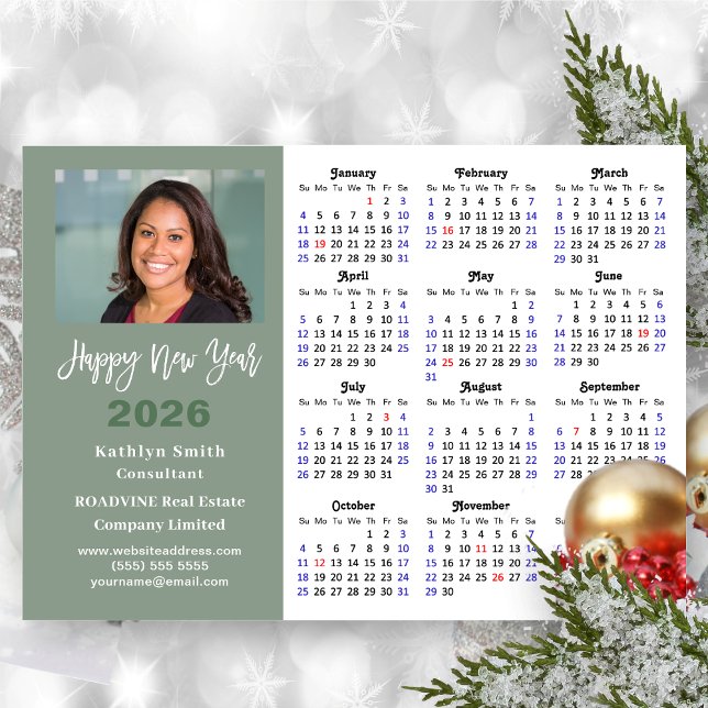 Sage Green 2026 Calendar Business Photo Simple Holiday Card (Creator Uploaded)