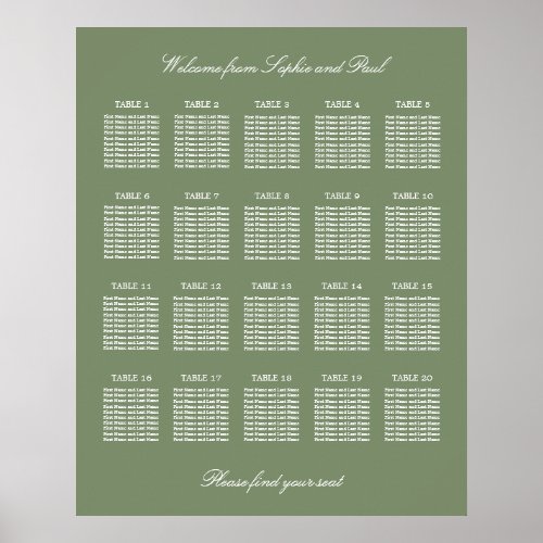 Sage Green 20 Table Wedding Seating Chart Poster