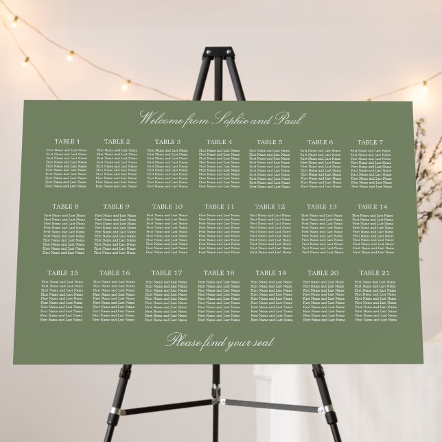 Sage Green 21 Table Wedding Seating Chart Foam Board (In Situ (Stand))