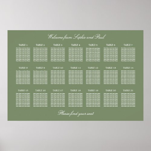 Sage Green 21 Table Wedding Seating Chart Poster