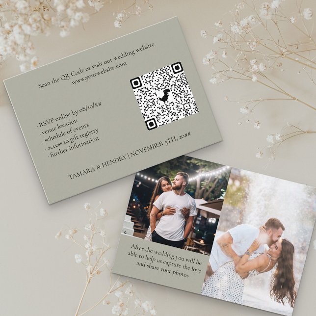 Sage Green 2 Photo Online RSVP QR Code Wedding Enclosure Card (Creator Uploaded)