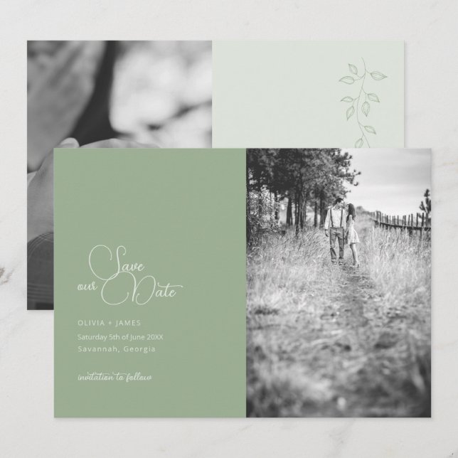 Sage Green 2-Photo Save The Date Card  (Front/Back)