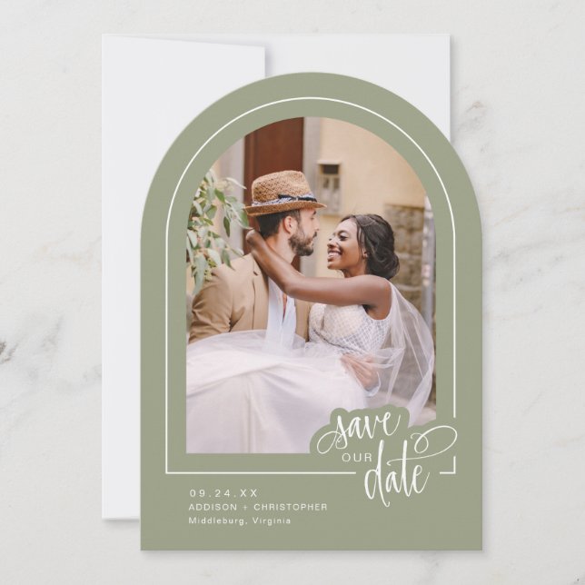 Sage Green 2 Photo Script Wedding Save the Date Invitation (Front)