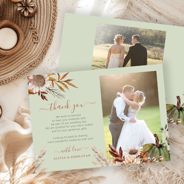 Sage green 2 photos boho botanical wedding thank you card (Creator Uploaded)