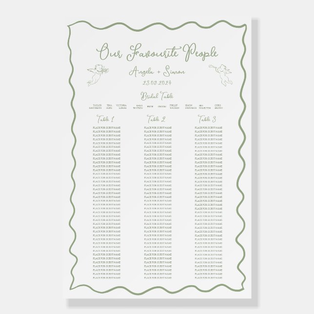 Sage Green 3 Long Table Wedding Seating Chart Sign (Front)
