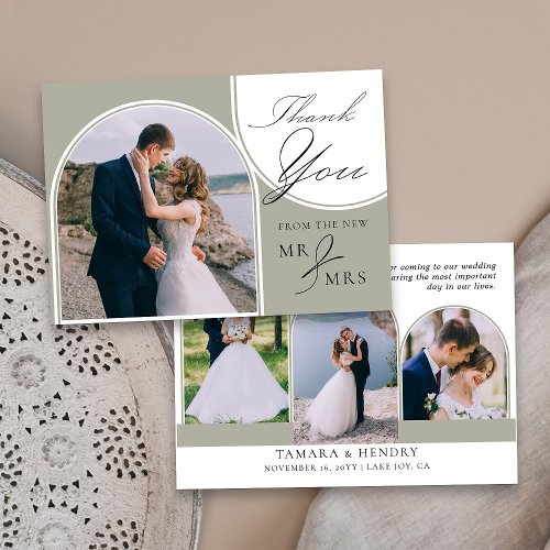 Sage Green 4 Arched Photo Wedding Calligraphy Thank You Card