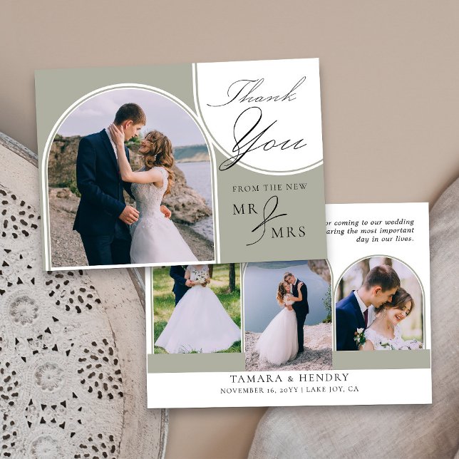 Sage Green 4 Arched Photo Wedding Calligraphy Thank You Card (Elegant Sage green wedding photo thank you card from my Wedding Colors collection)