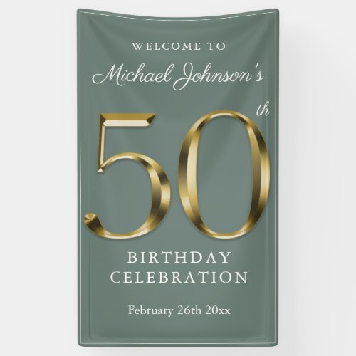 Sage Green 50th Birthday Solid Gold Typography Banner