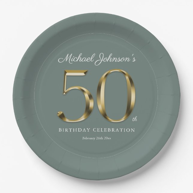 Sage Green 50th Birthday Solid Gold Typography Paper Plates (Front)