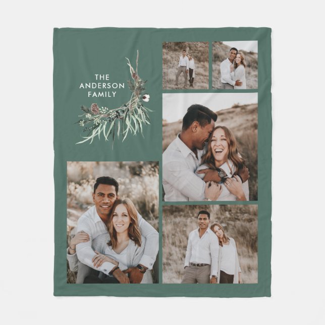 Sage green 5 photo modern botanical family gift fleece blanket (Front)