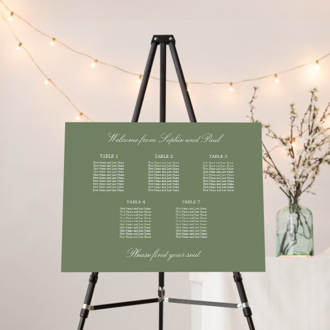 Sage Green 5 Table Seating Chart Foam Board (In Situ (Stand))