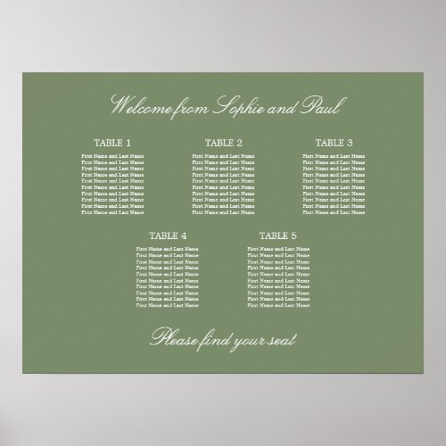 Sage Green 5 Table Wedding Seating Chart Poster