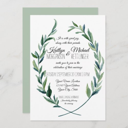 Sage Green 5X7 Laurel Wreath Olive Leaf Modern Invitation