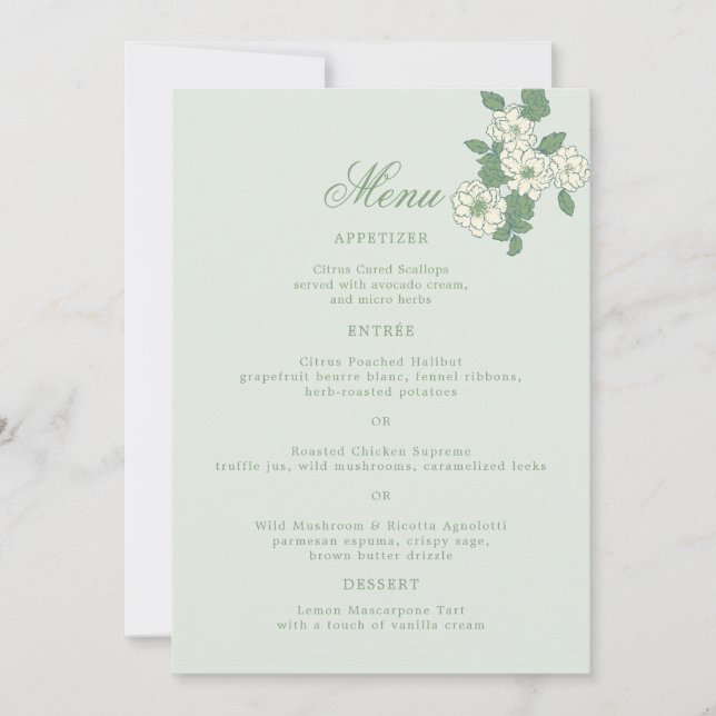 Sage Green 5x7 Wedding Menu Card (Front)