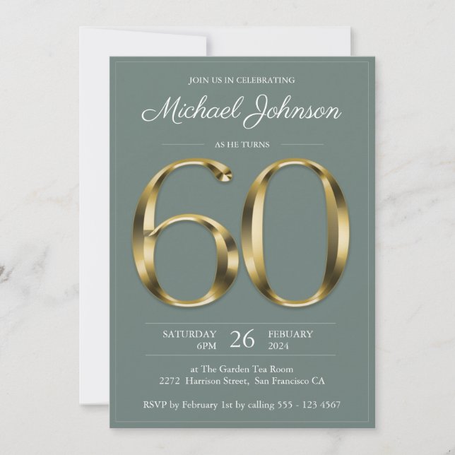 Sage Green 60th Birthday Solid Gold Text Classy Invitation (Front)
