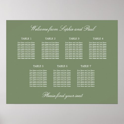 Sage Green 7 Table Wedding Seating Chart Poster