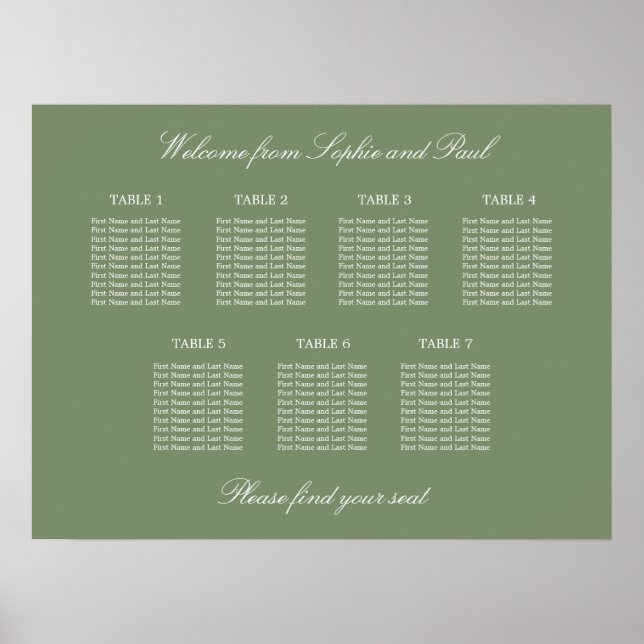Sage Green 7 Table Wedding Seating Chart Poster (Front)