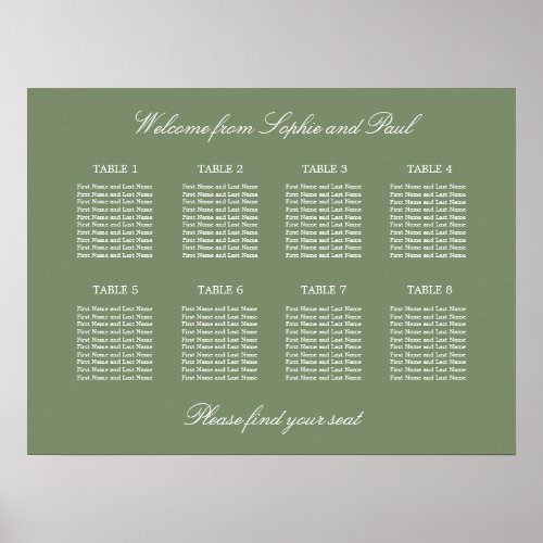 Sage Green 8 Table Wedding Seating Chart Poster
