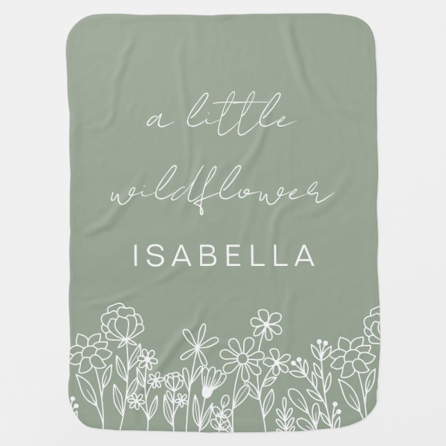 Sage Green A Little Wildflower Floral Baby Blanket (Front)