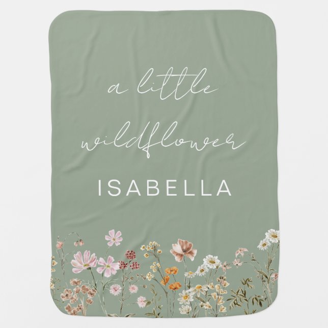 Sage Green A Little Wildflower Floral Baby Blanket (Front)