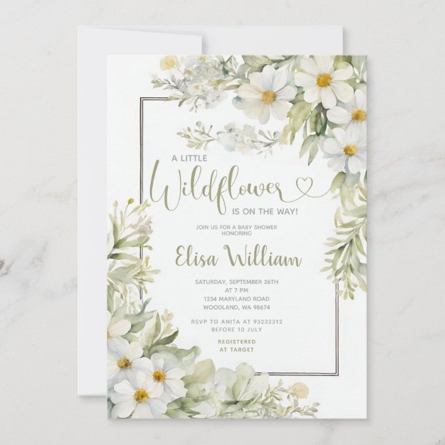 Sage Green A little Wildflowers Girl Baby Shower Invitation (Front)