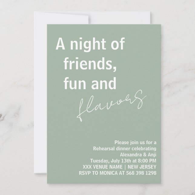 Sage Green a night of fun friends Rehearsal Dinner Invitation (Front)