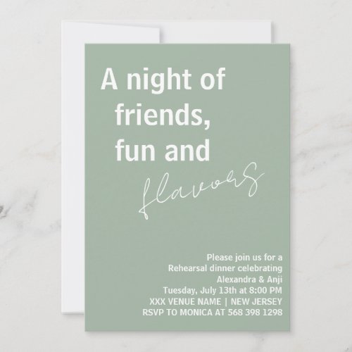 Sage Green a night of fun friends Rehearsal Dinner Invitation