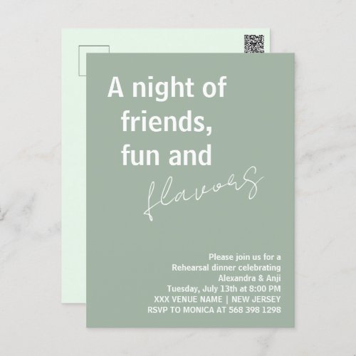 Sage Green a night of fun friends Rehearsal Dinner Postcard