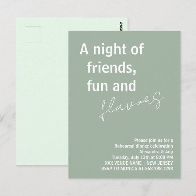Sage Green a night of fun friends Rehearsal Dinner Postcard (Front/Back)