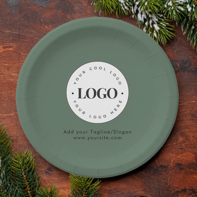 Sage Green Add Custom Business Company Logo Party Paper Plates (Creator Uploaded)