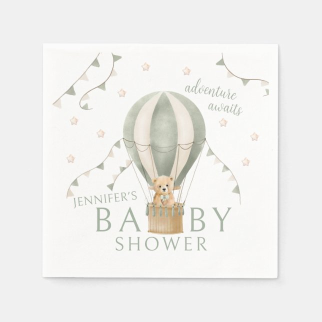 Sage Green Adventure Teddy Bear Baby Boy Shower Napkins (Front)