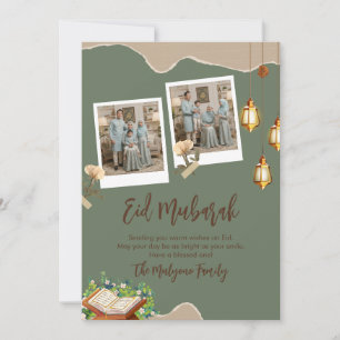 Sage Green Aesthetic Eid Mubarak Card with Photo