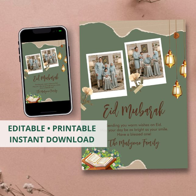 Sage Green Aesthetic Eid Mubarak Card with Photo (Creator Uploaded)