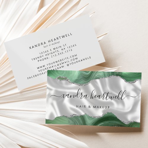 Sage Green Agate Silver Glitter Luxury Business Card