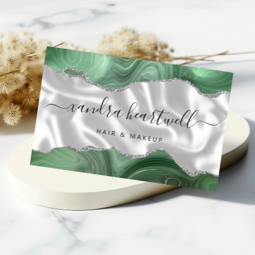 Sage Green Agate Silver Glitter Luxury Business Card