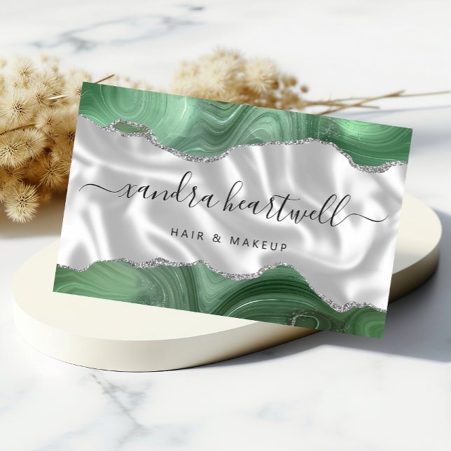 Sage Green Agate Silver Glitter Luxury Business Card (Creator Uploaded)