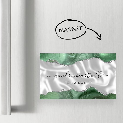 Sage Green Agate Silver Glitter Luxury Business Card Magnet