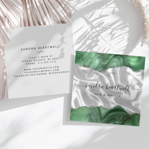 Sage Green Agate Silver Glitter Luxury Square Business Card