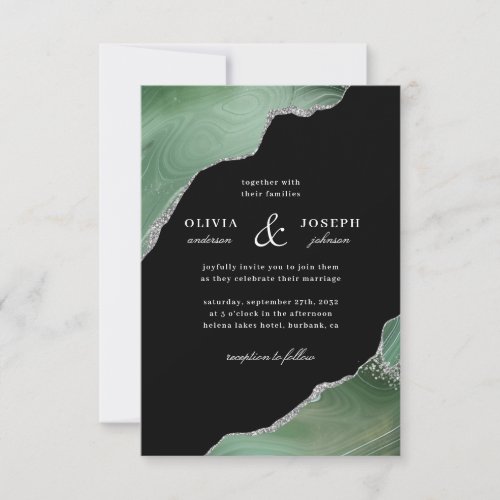 Sage Green Agate Silver Glitter Wedding Invitation