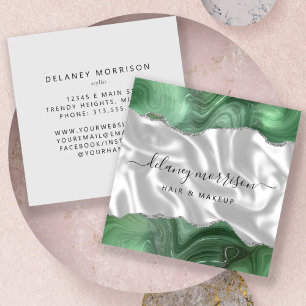 Sage Green Agate Silver Glitter White Luxury Square Business Card