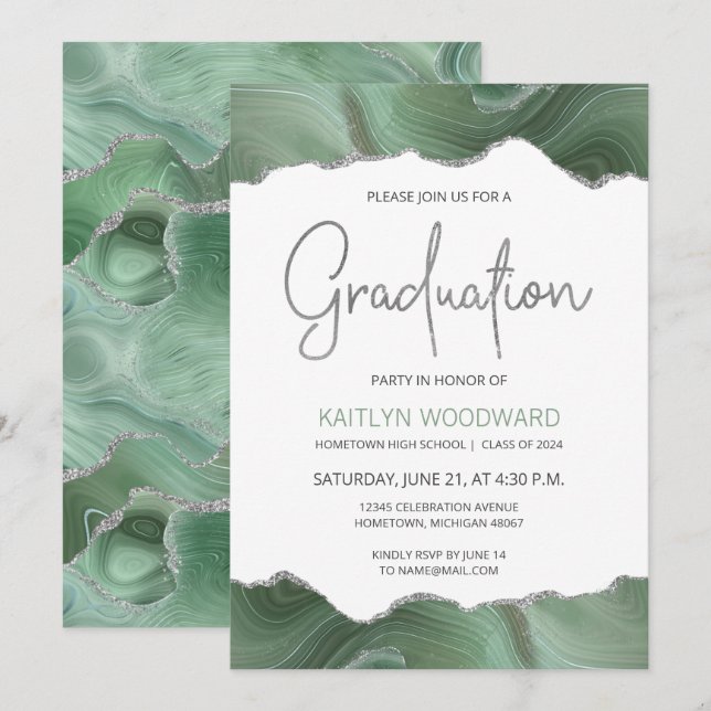 Sage Green Agate Silver Graduation Party Invite (Front/Back)