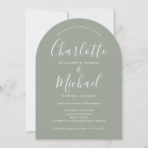 Sage Green All In One Chic Script Arch Wedding Invitation