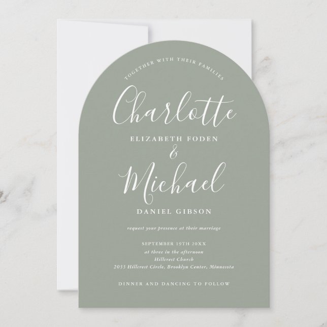 Sage Green All In One Chic Script Arch Wedding Invitation (Front)